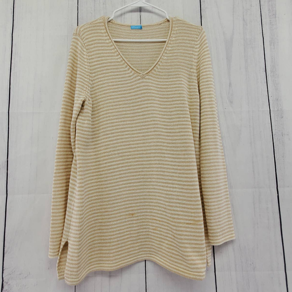 J. McLaughlin Beige and White Chevron Knit Long sleeve V Neck Sweater EUC Large